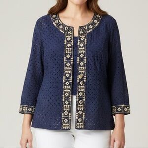 Chico's 2 Navy Blue Eyelet Beaded Studded Cardigan Open 3/4 Sleeve Cotton